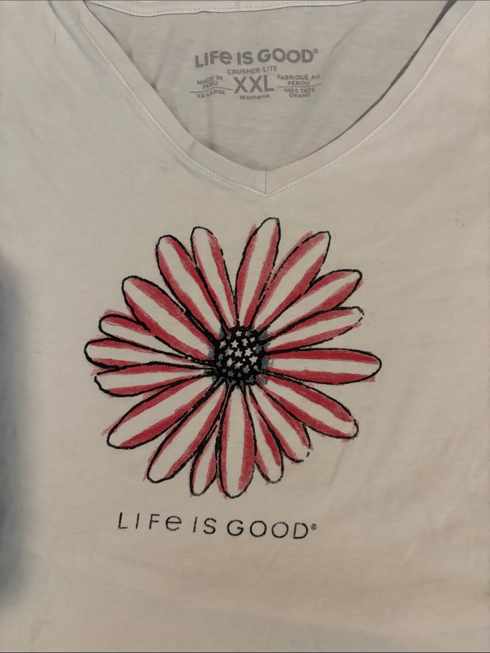 Life Is Good Women's White V-Neck Tee with Pink Daisy Graphic